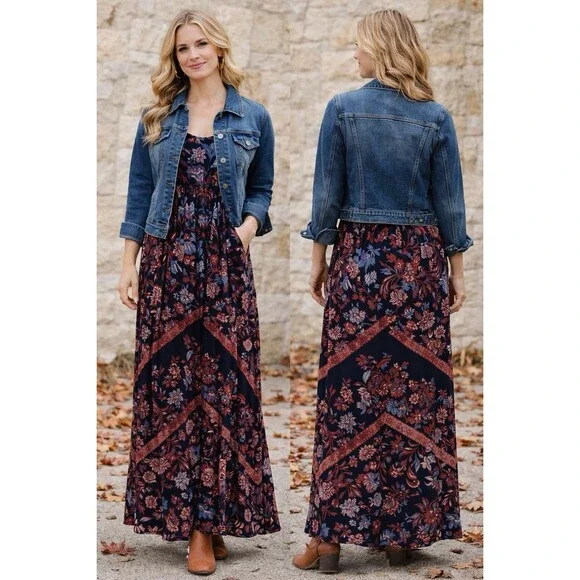 Soma Black Floral Jersey Knit Racerback Empire Waist Maxi Dress Small Stretch - Picture 5 of 5